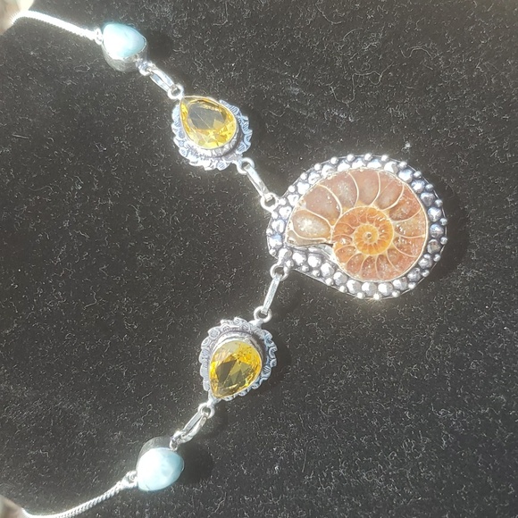New Ammonite Fossil, Larimar and Citrine 925 Silver Necklace. - Picture 11 of 11